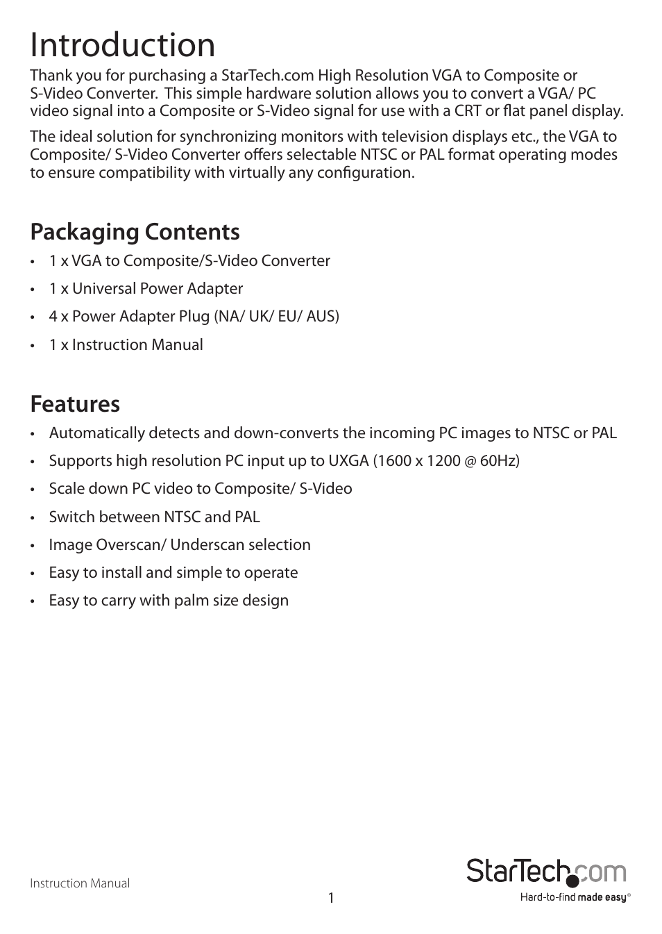 Introduction, Packaging contents, Features | StarTech.com VGA2VID User Manual | Page 4 / 8