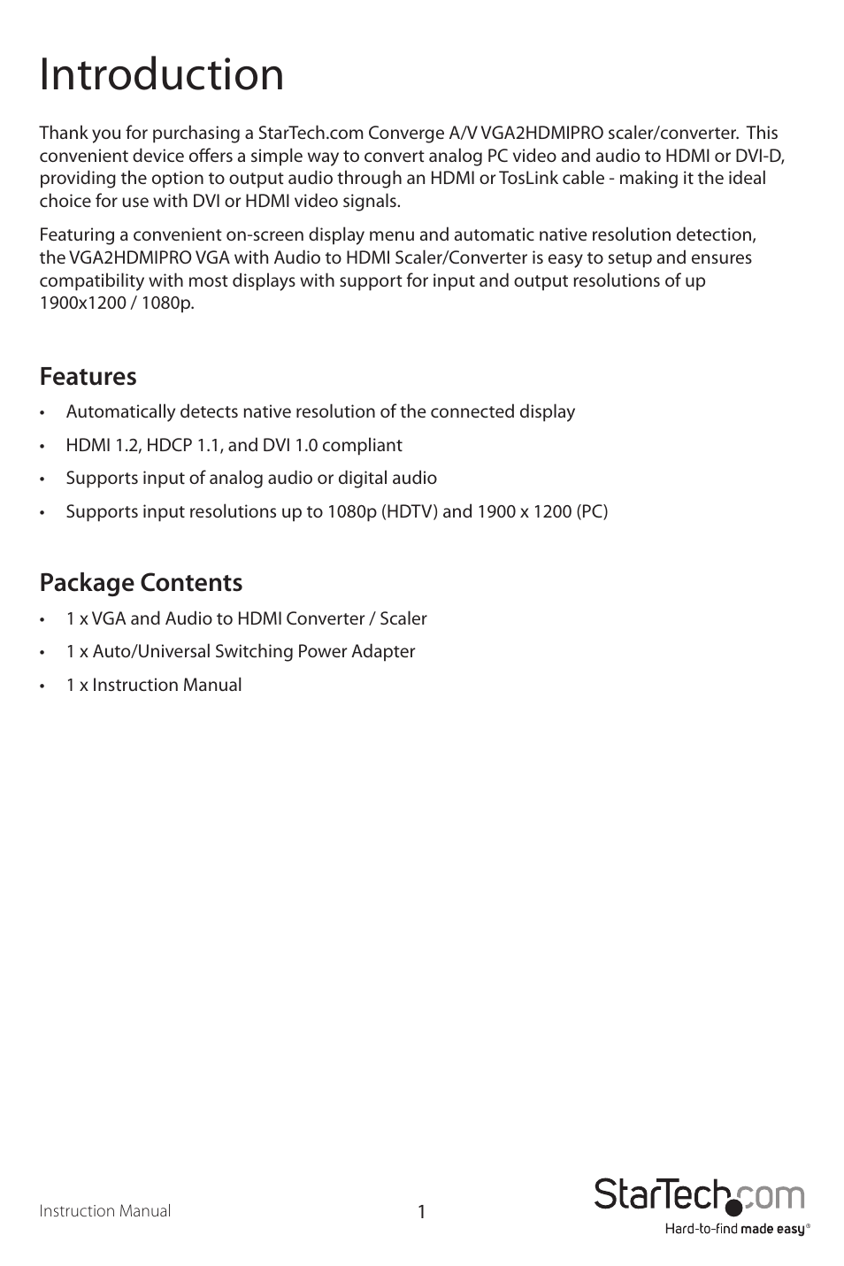 Introduction, Features, Package contents | StarTech.com VGA2HDMIPRO User Manual | Page 4 / 12