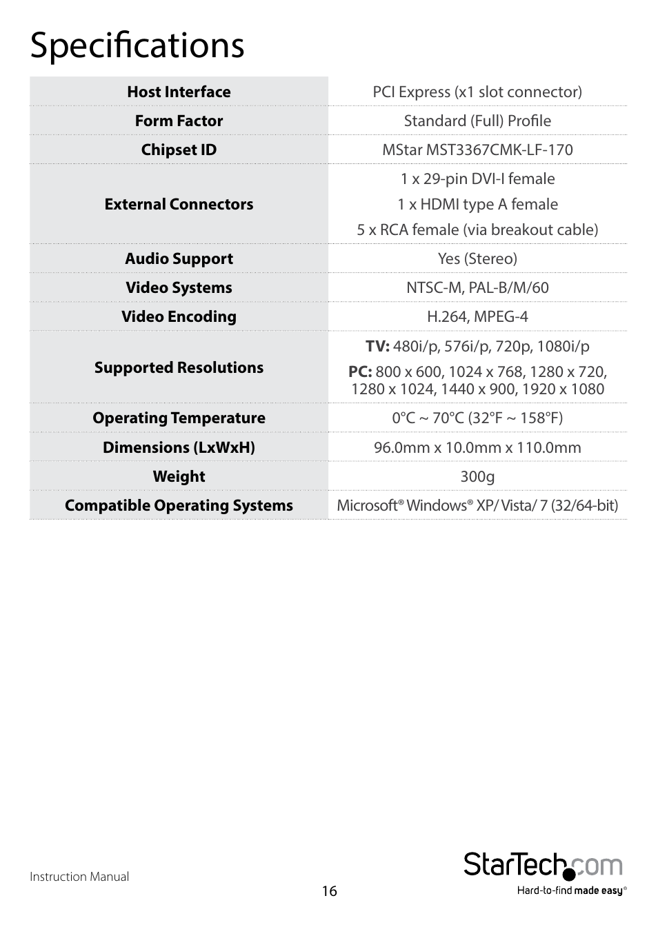 Specifications | StarTech.com PEXHDCAP User Manual | Page 19 / 21