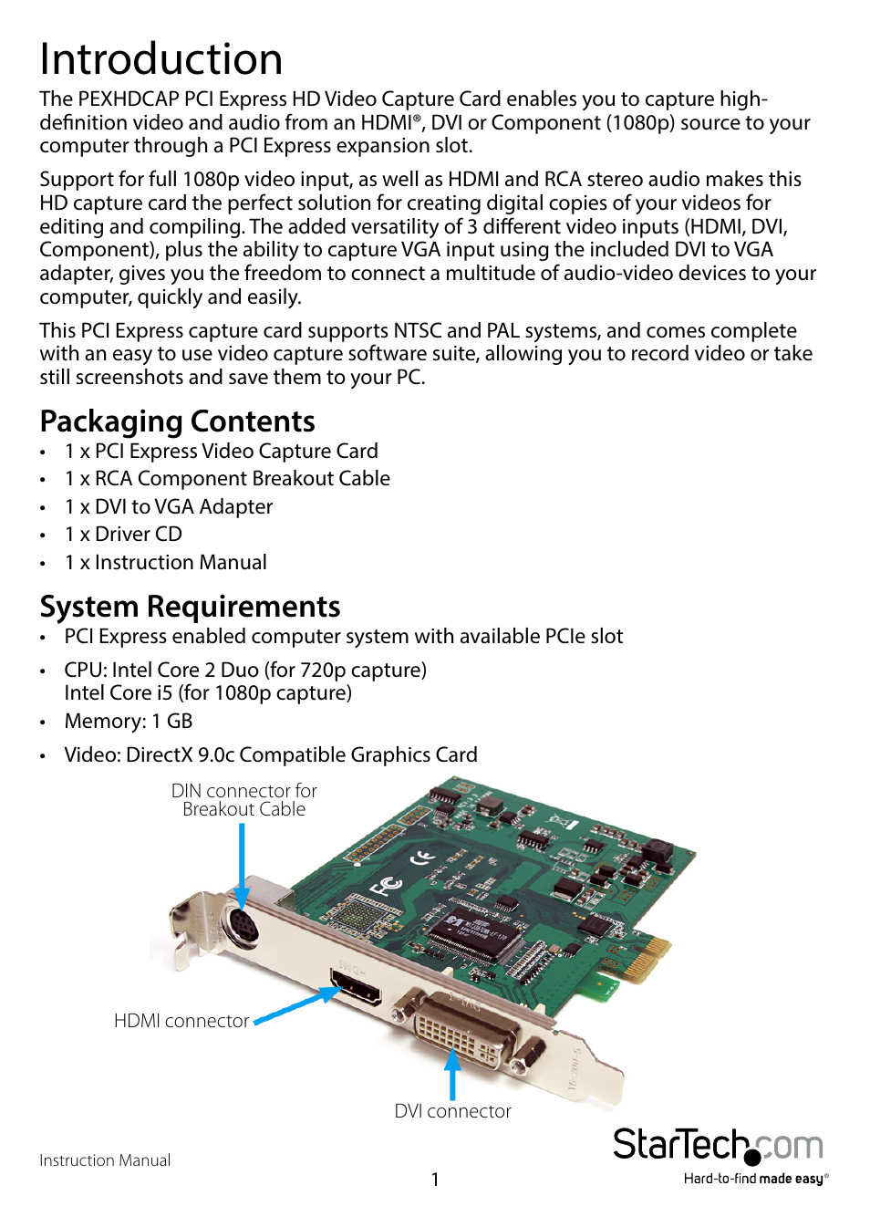 Introduction, Packaging contents, System requirements | Packaging contents system requirements | StarTech.com PEXHDCAP User Manual | Page 4 / 21