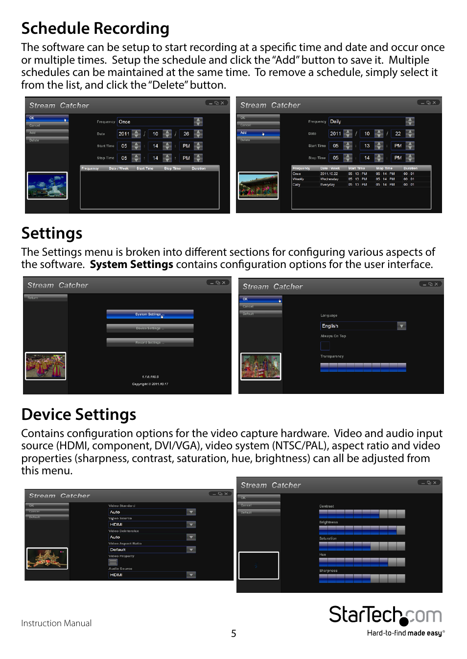 Schedule recording, Settings, Device settings | Schedule recording settings device settings | StarTech.com PEXHDCAP User Manual | Page 8 / 21