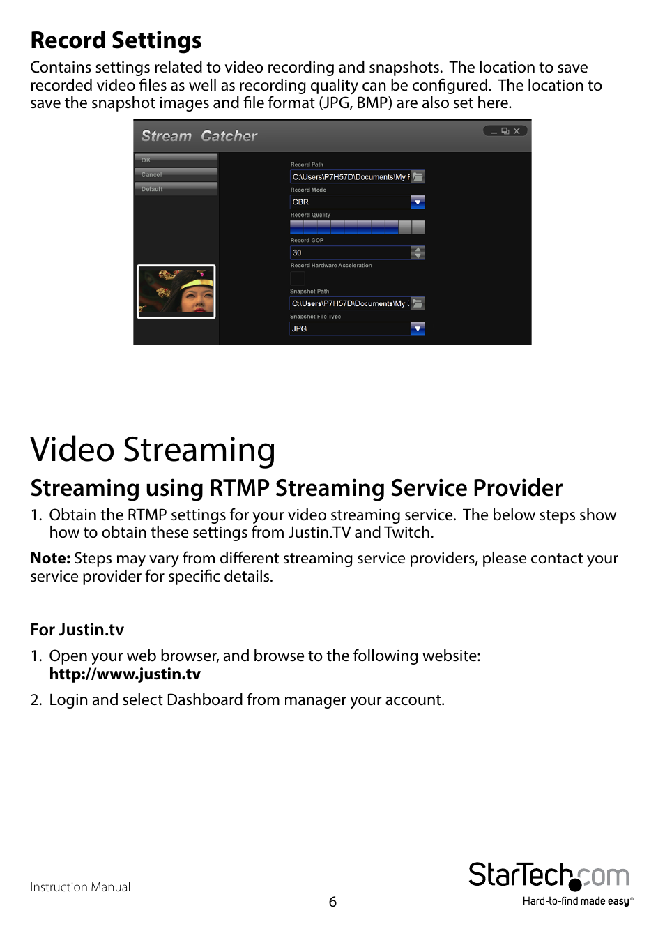 Record settings, Video streaming, Streaming using rtmp streaming service provider | StarTech.com PEXHDCAP User Manual | Page 9 / 21