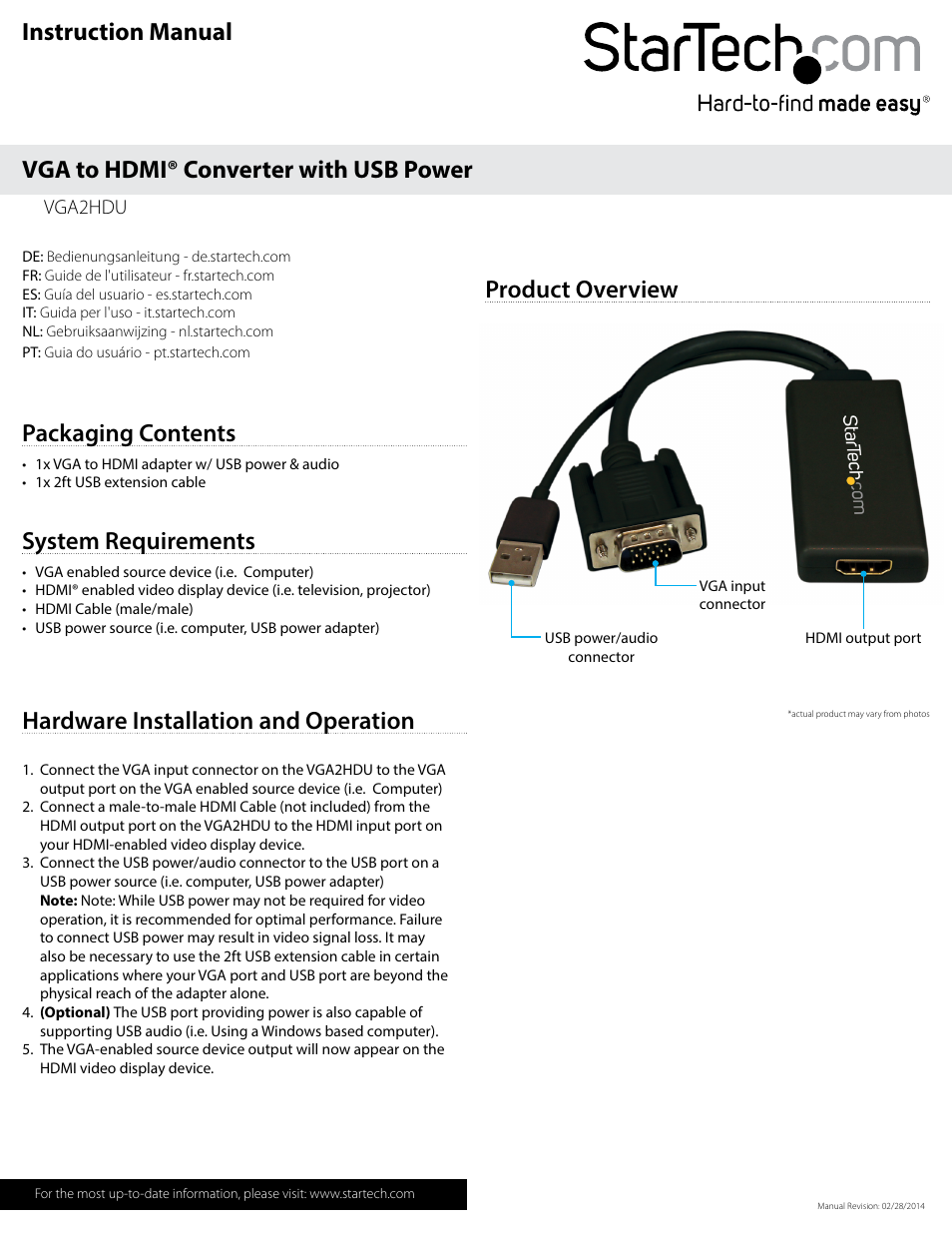 StarTech.com VGA2HDU User Manual | 2 pages