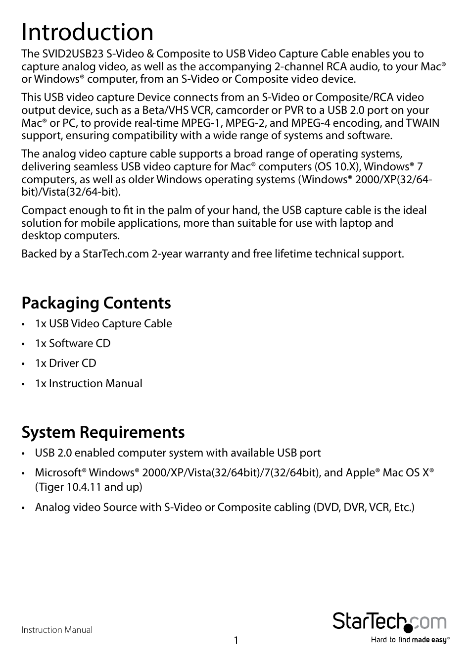 Introduction, Packaging contents, System requirements | StarTech.com SVID2USB23 User Manual | Page 4 / 14