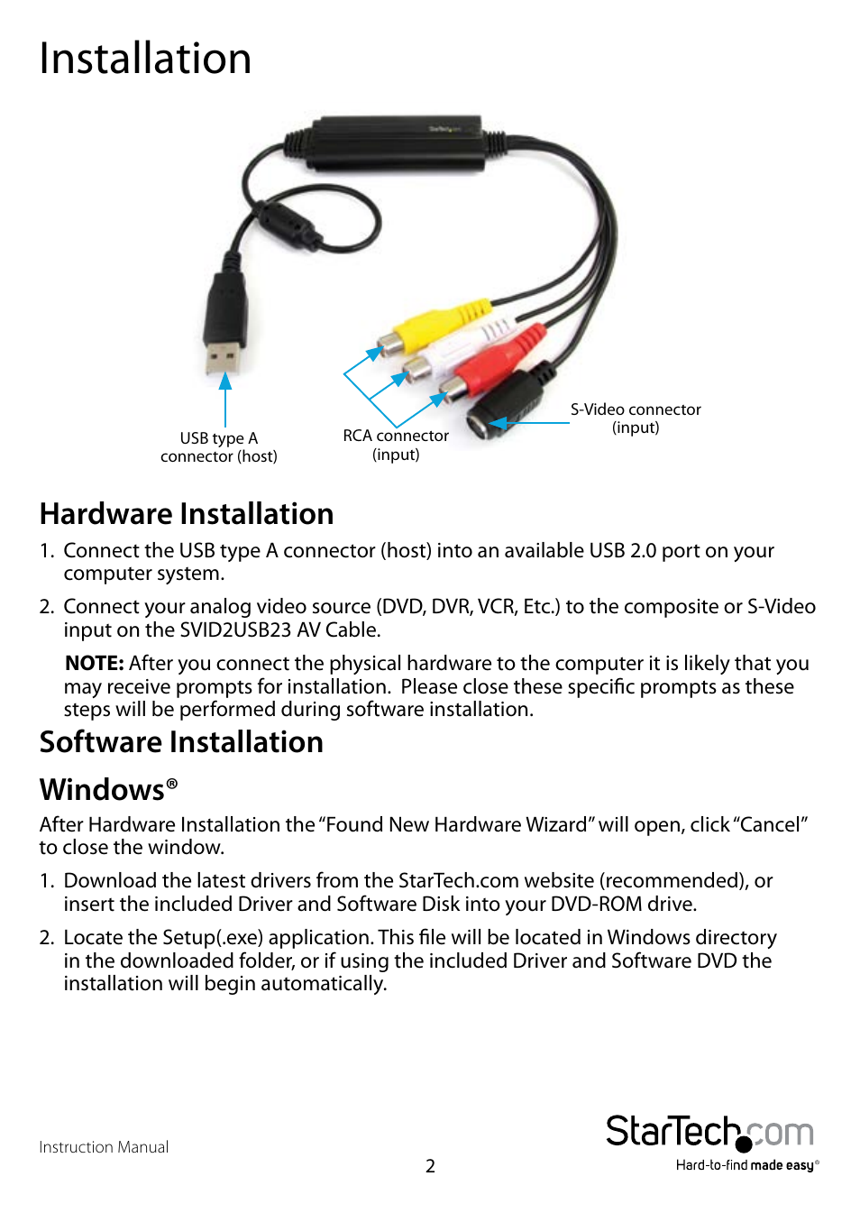 Installation, Hardware installation, Software installation windows | StarTech.com SVID2USB23 User Manual | Page 5 / 14