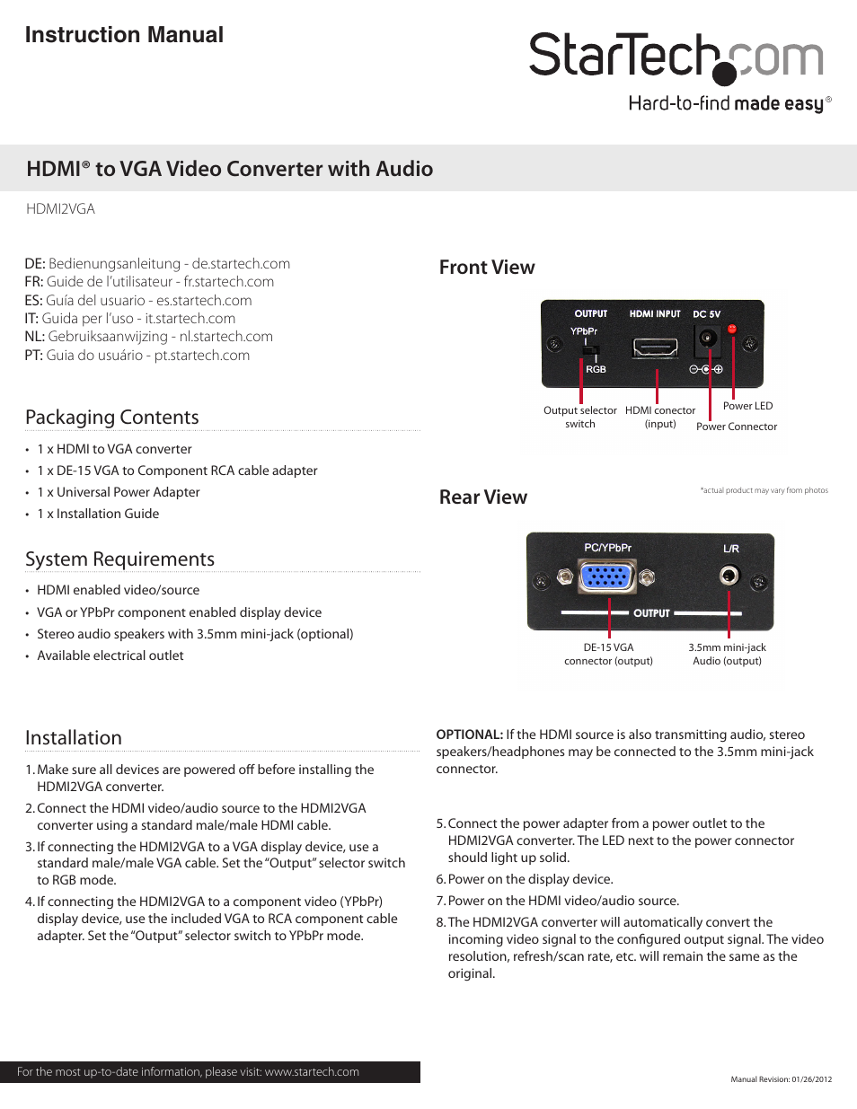StarTech.com HDMI2VGA User Manual | 2 pages