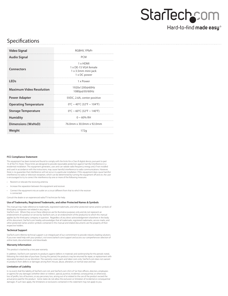 Specifications | StarTech.com HDMI2VGA User Manual | Page 2 / 2