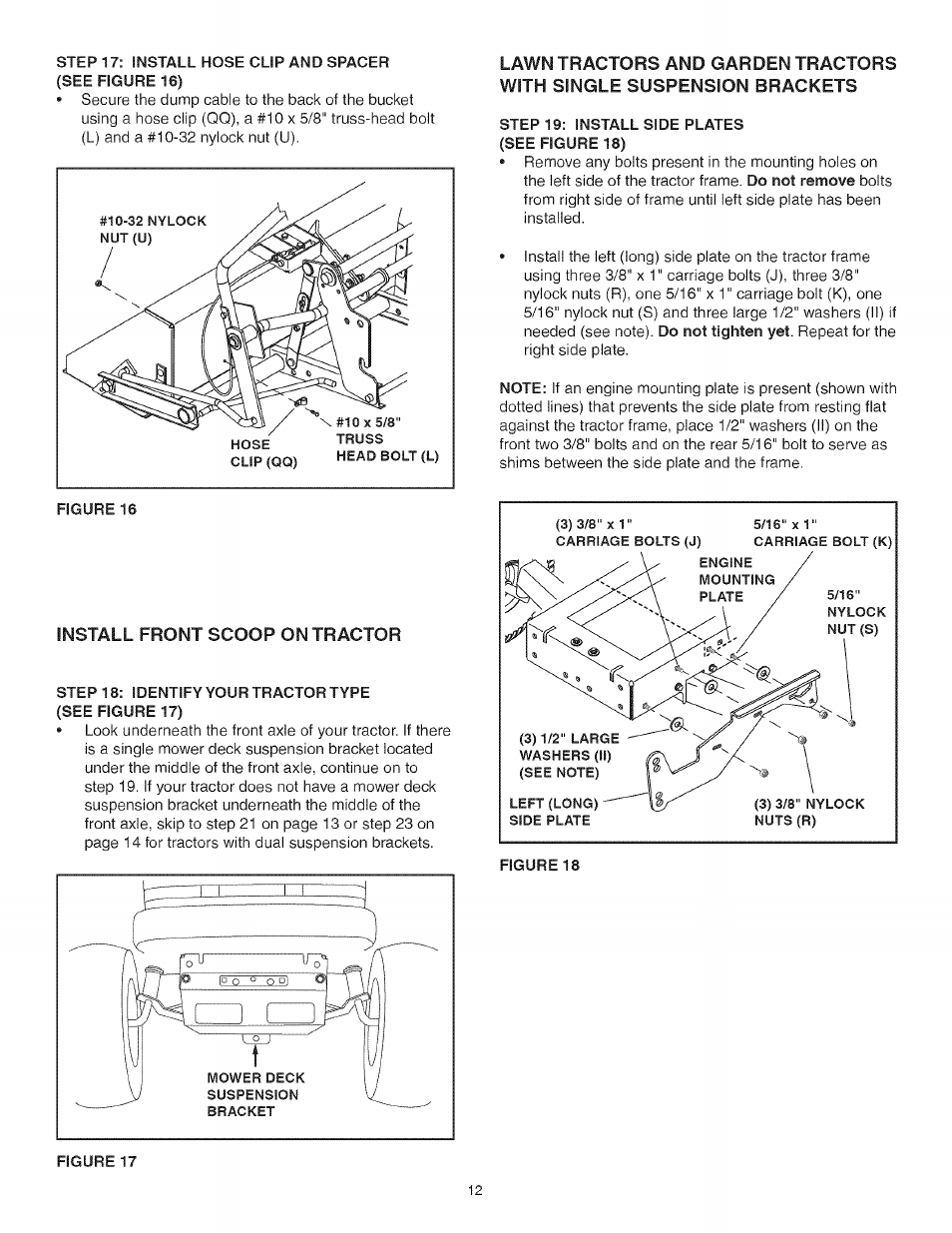 Install front scoop on tractor, Step 19: install side plates (see figure 18) | Craftsman 486.248473 User Manual | Page 12 / 24