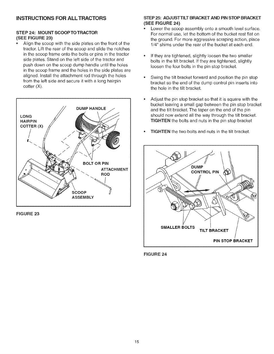 Instructions for all tractors, Step 25: adjusttilt bracket and pin stop bracket, See figure 24) | Craftsman 486.248473 User Manual | Page 15 / 24