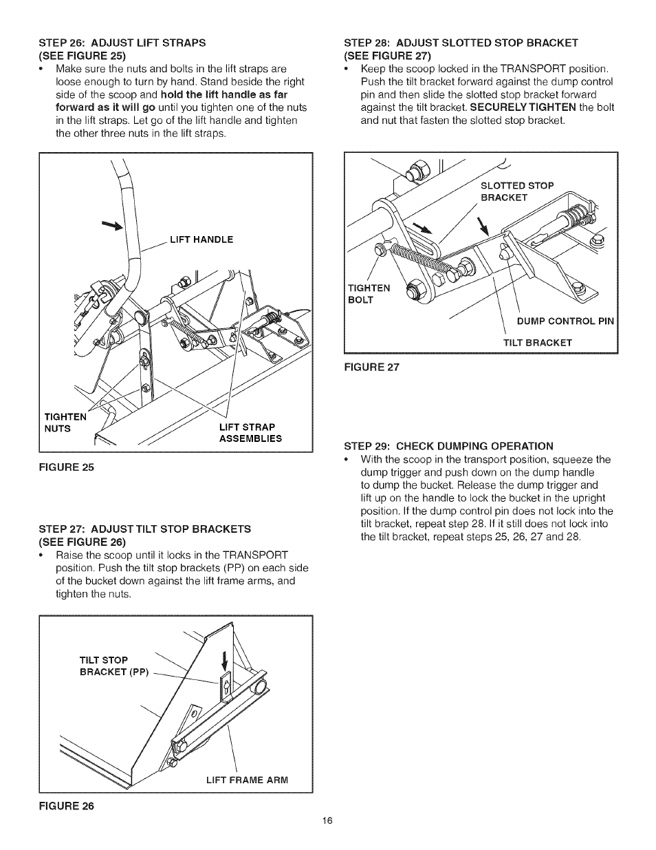 Step 27: adjust tilt stop brackets (see figure 26), Step 29: check dumping operation | Craftsman 486.248473 User Manual | Page 16 / 24