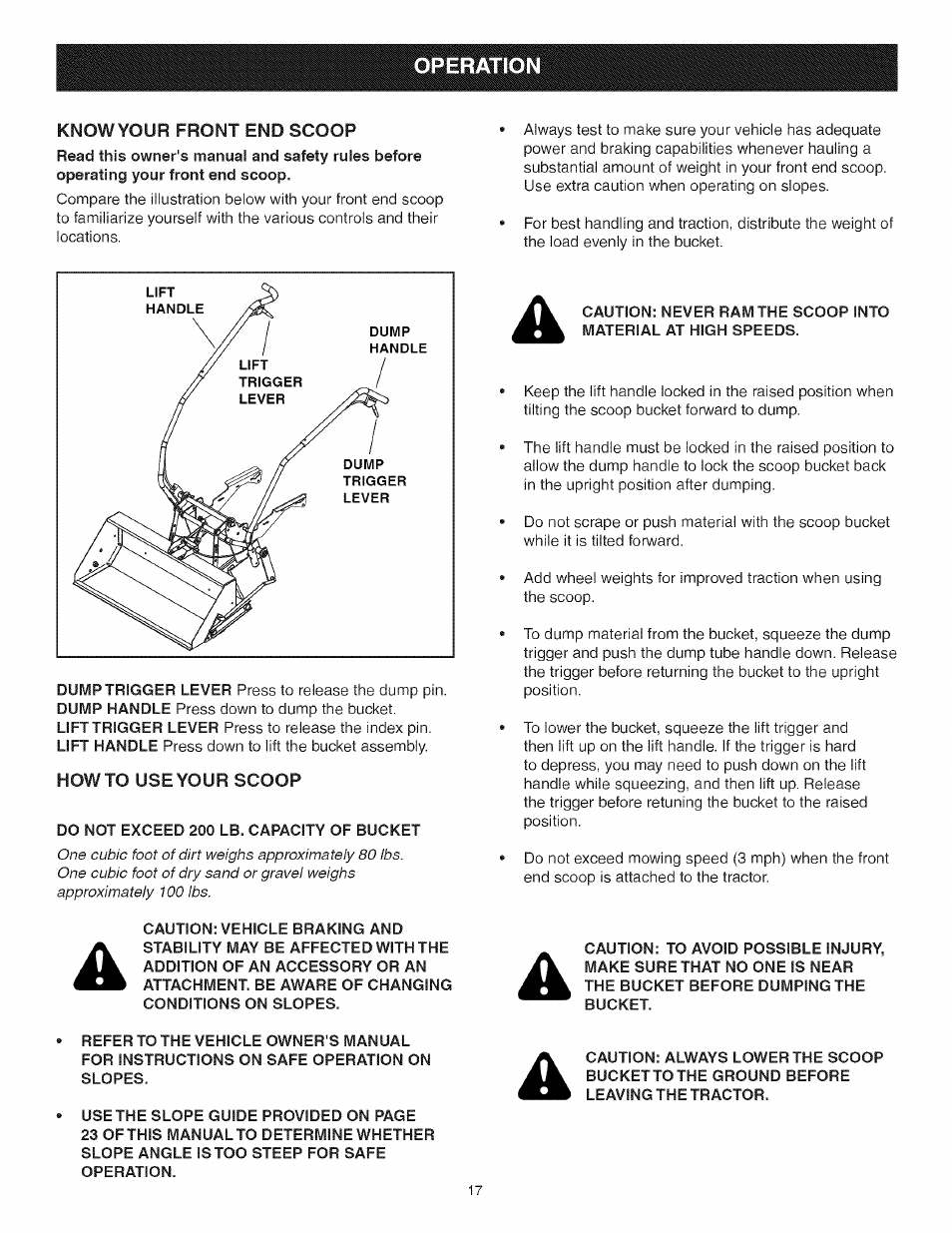 Howto use your scoop, Do not exceed 200 lb. capacity of bucket | Craftsman 486.248473 User Manual | Page 17 / 24