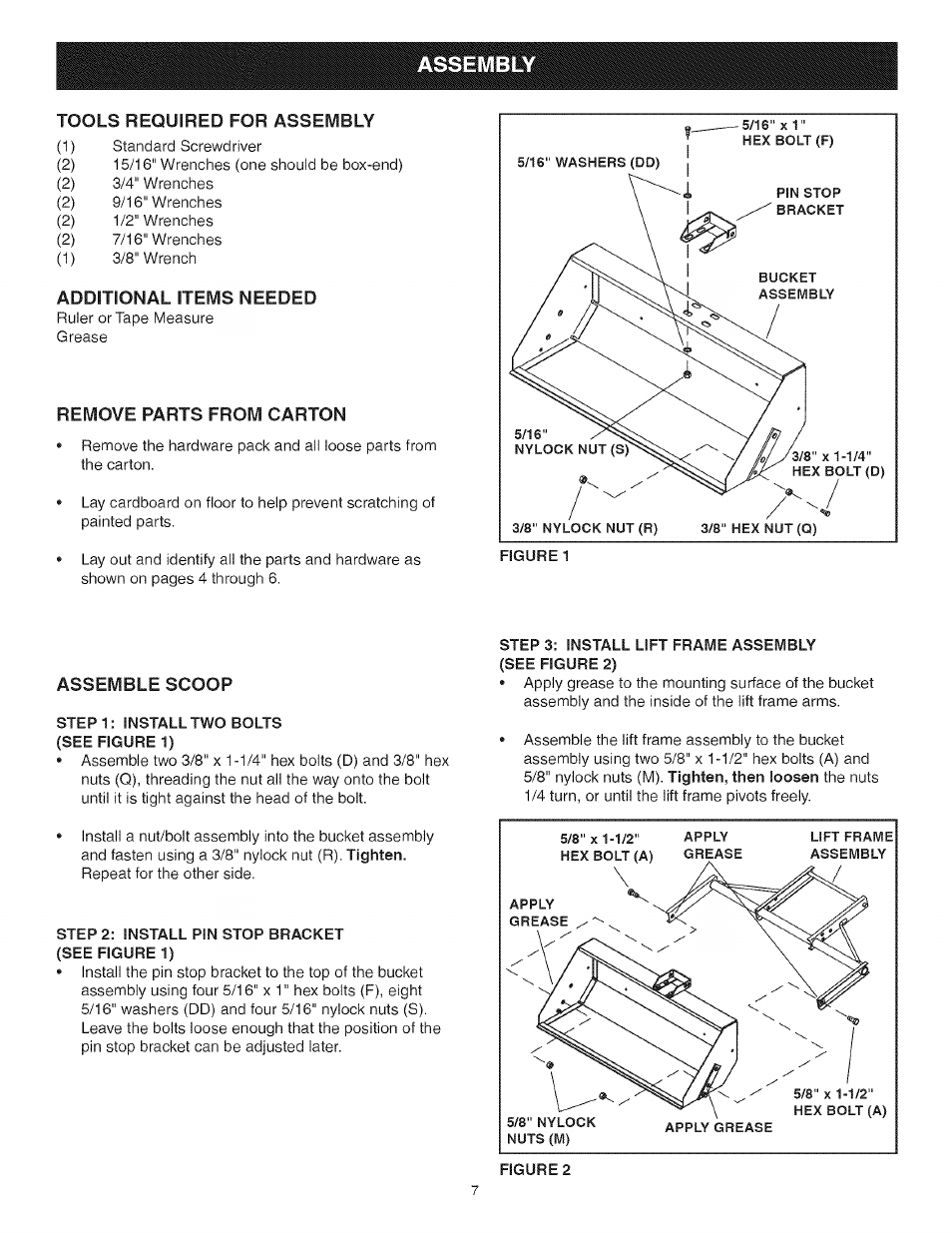 Additional items needed, Assemble scoop, Step 1: install two bolts | See figure 1), Step 2: install pin stop bracket (see figure 1), Step 3: install lift frame assembly, See figure 2) | Craftsman 486.248473 User Manual | Page 7 / 24