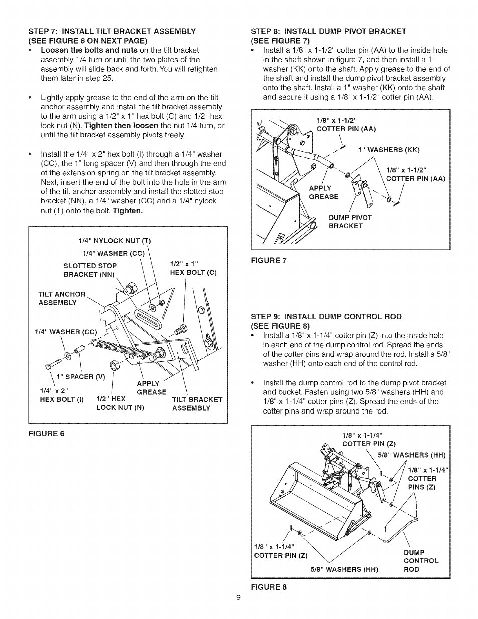 Step 8; install dump pivot bracket (see figure 7), Step 9: install dump control rod, See figure 8) | Craftsman 486.248473 User Manual | Page 9 / 24