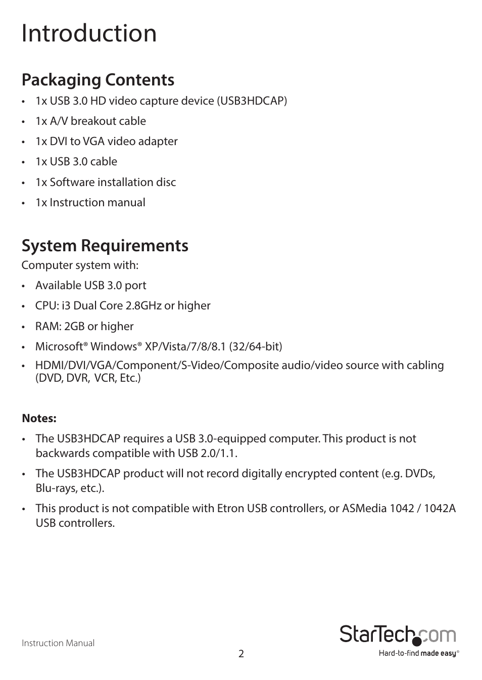 Introduction, Packaging contents, System requirements | StarTech.com USB3HDCAP User Manual | Page 5 / 25