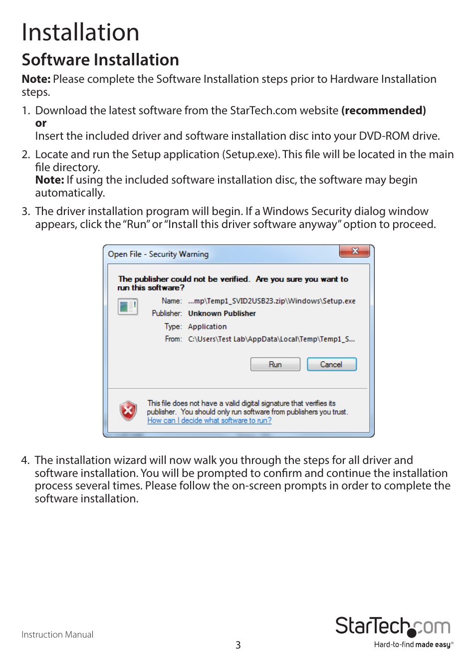 Installation, Software installation | StarTech.com USB3HDCAP User Manual | Page 6 / 25