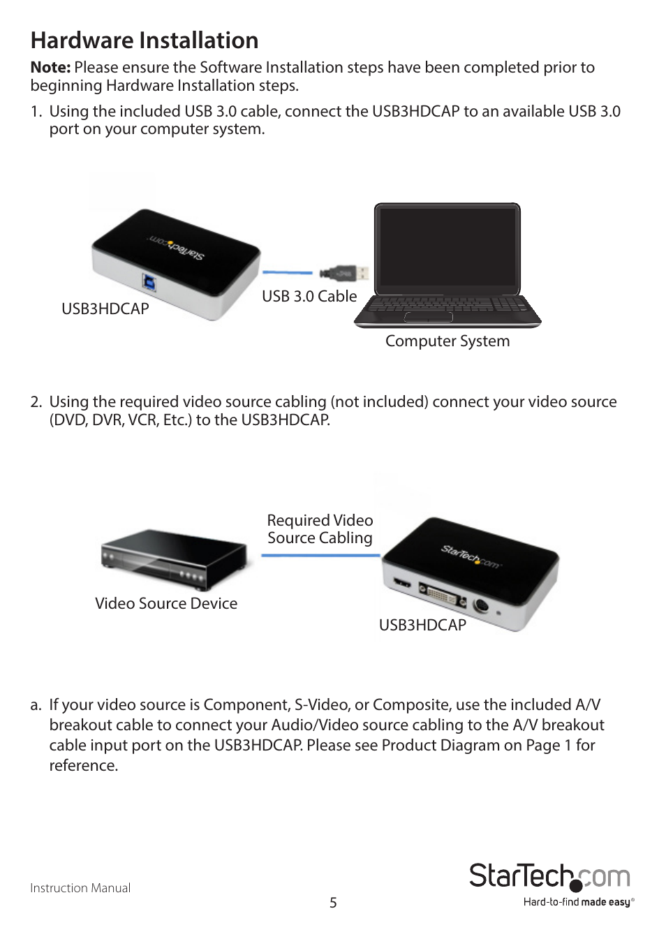 Hardware installation | StarTech.com USB3HDCAP User Manual | Page 8 / 25