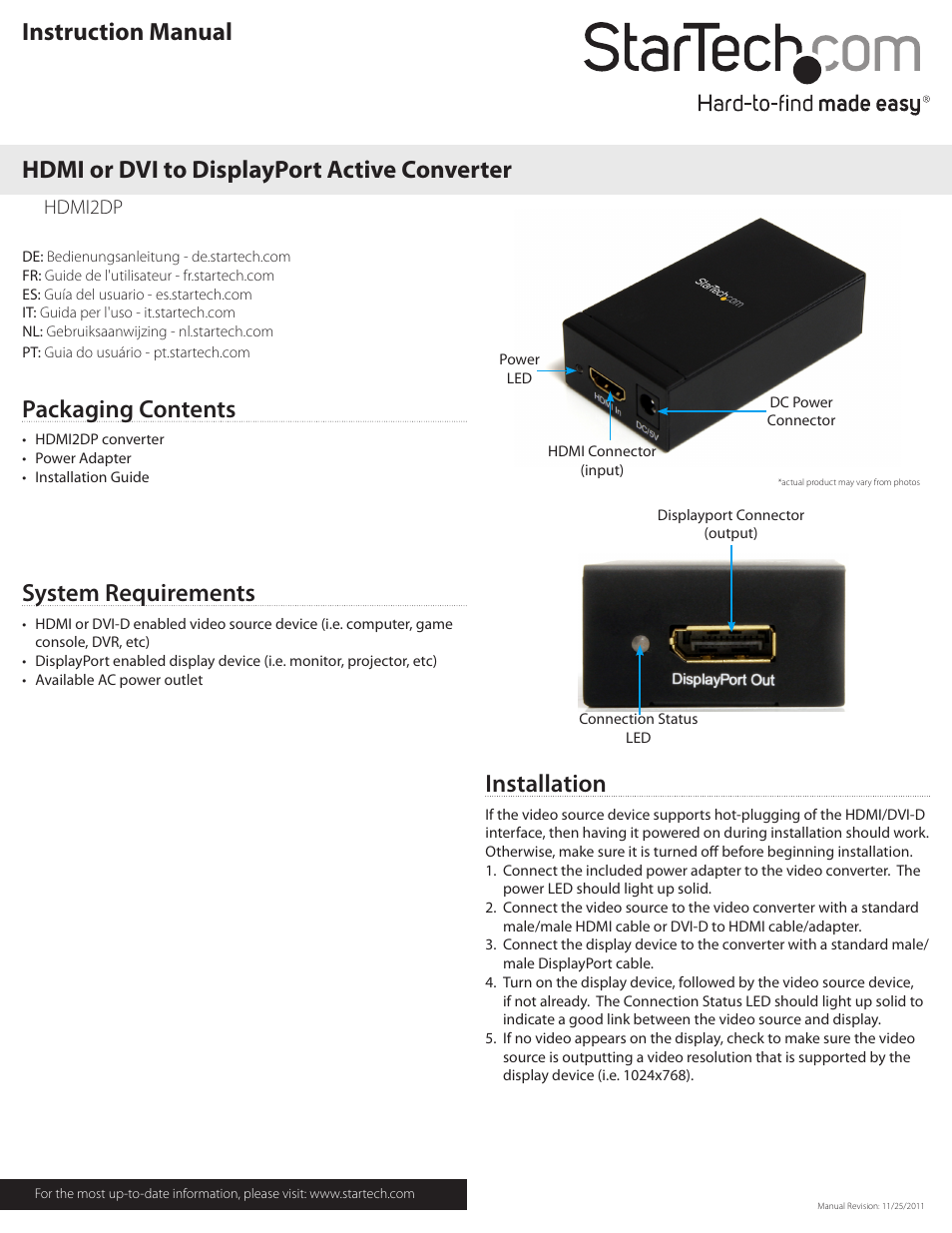 StarTech.com HDMI2DP User Manual | 2 pages