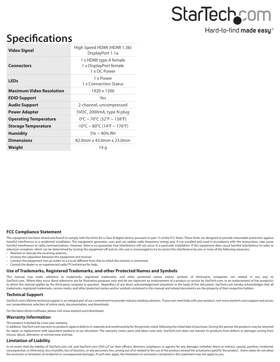Specifications | StarTech.com HDMI2DP User Manual | Page 2 / 2