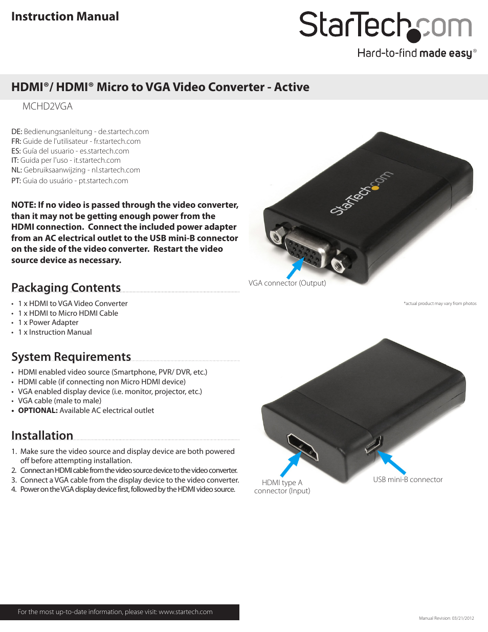 StarTech.com MCHD2VGA User Manual | 2 pages