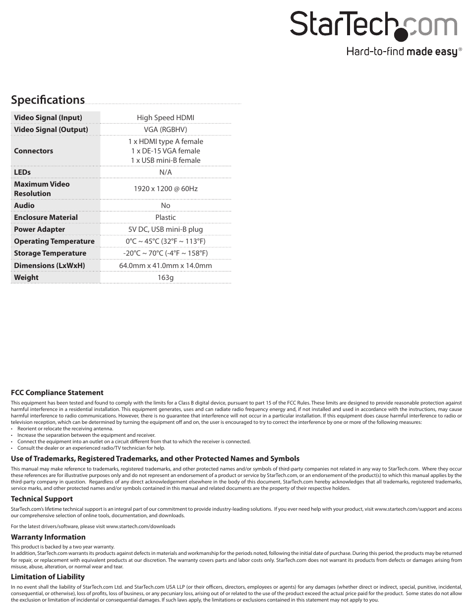 Specifications | StarTech.com MCHD2VGA User Manual | Page 2 / 2