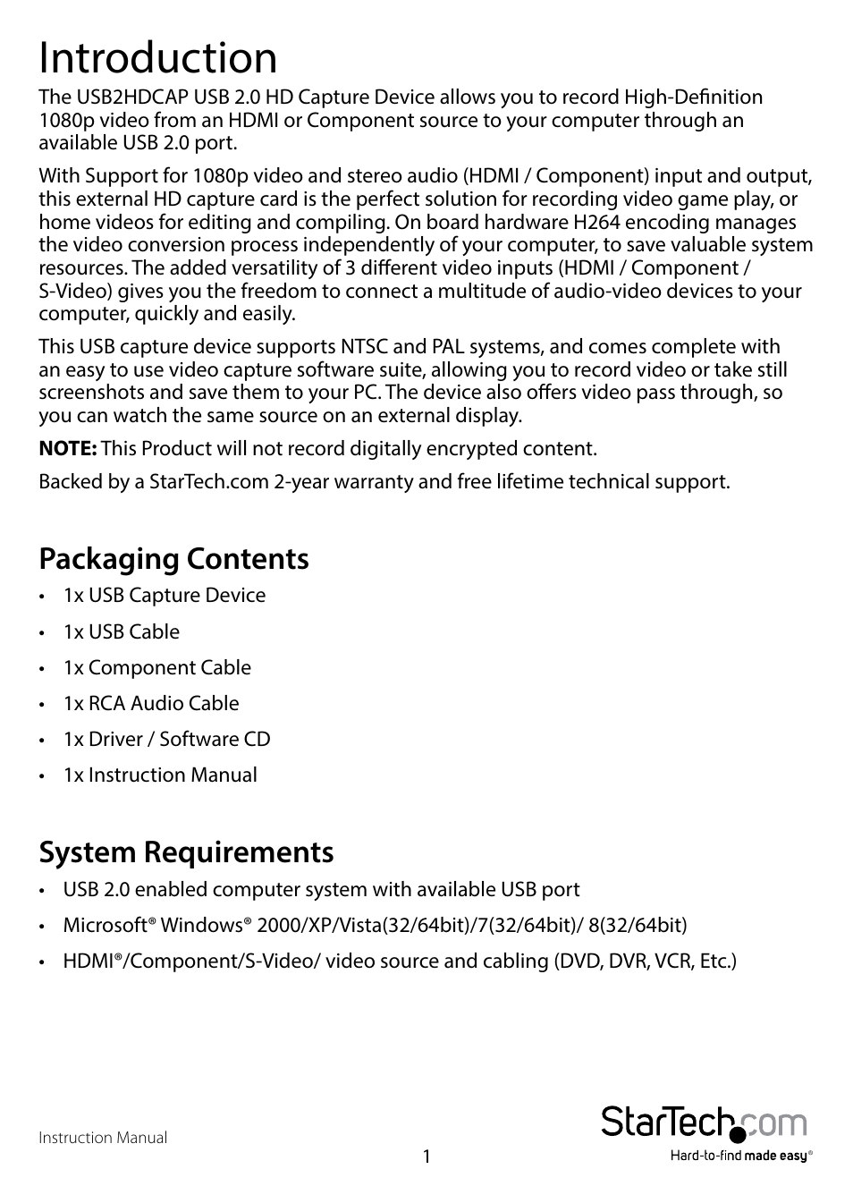 Introduction, Packaging contents, System requirements | Packaging contents system requirements | StarTech.com USB2HDCAP User Manual | Page 4 / 13