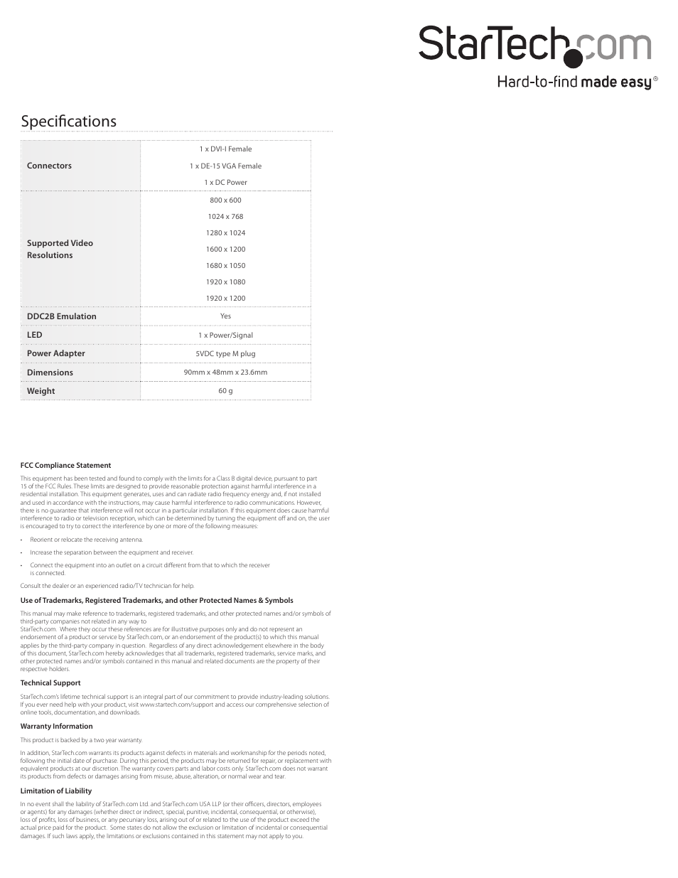 Specifications | StarTech.com DVI2VGACON User Manual | Page 2 / 2