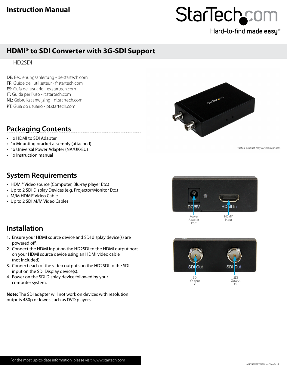 StarTech.com HD2SDI User Manual | 2 pages