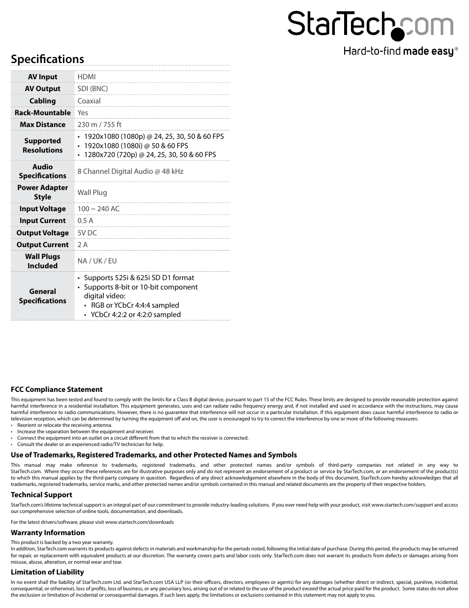 Specifications | StarTech.com HD2SDI User Manual | Page 2 / 2