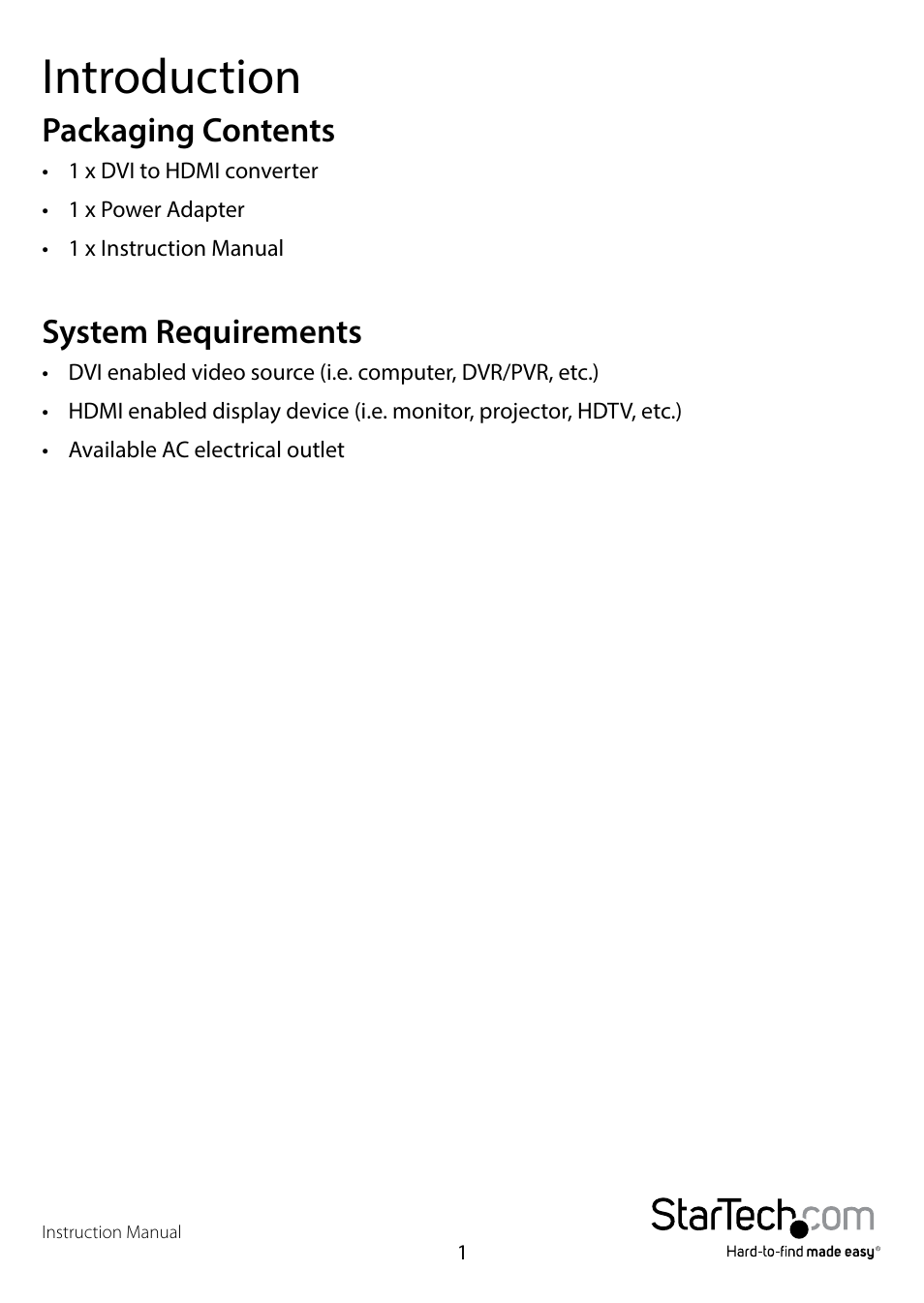 Introduction, Packaging contents, System requirements | Packaging contents system requirements | StarTech.com DVI2HDMIA User Manual | Page 4 / 10