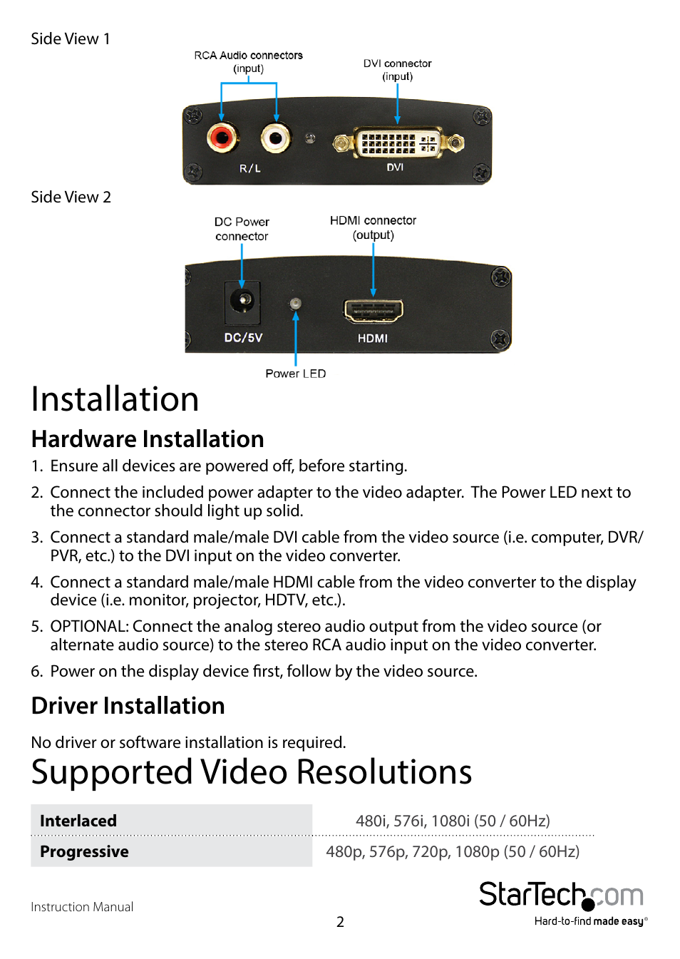 Installation, Hardware installation, Driver installation | Supported video resolutions, Hardware installation driver installation | StarTech.com DVI2HDMIA User Manual | Page 5 / 10