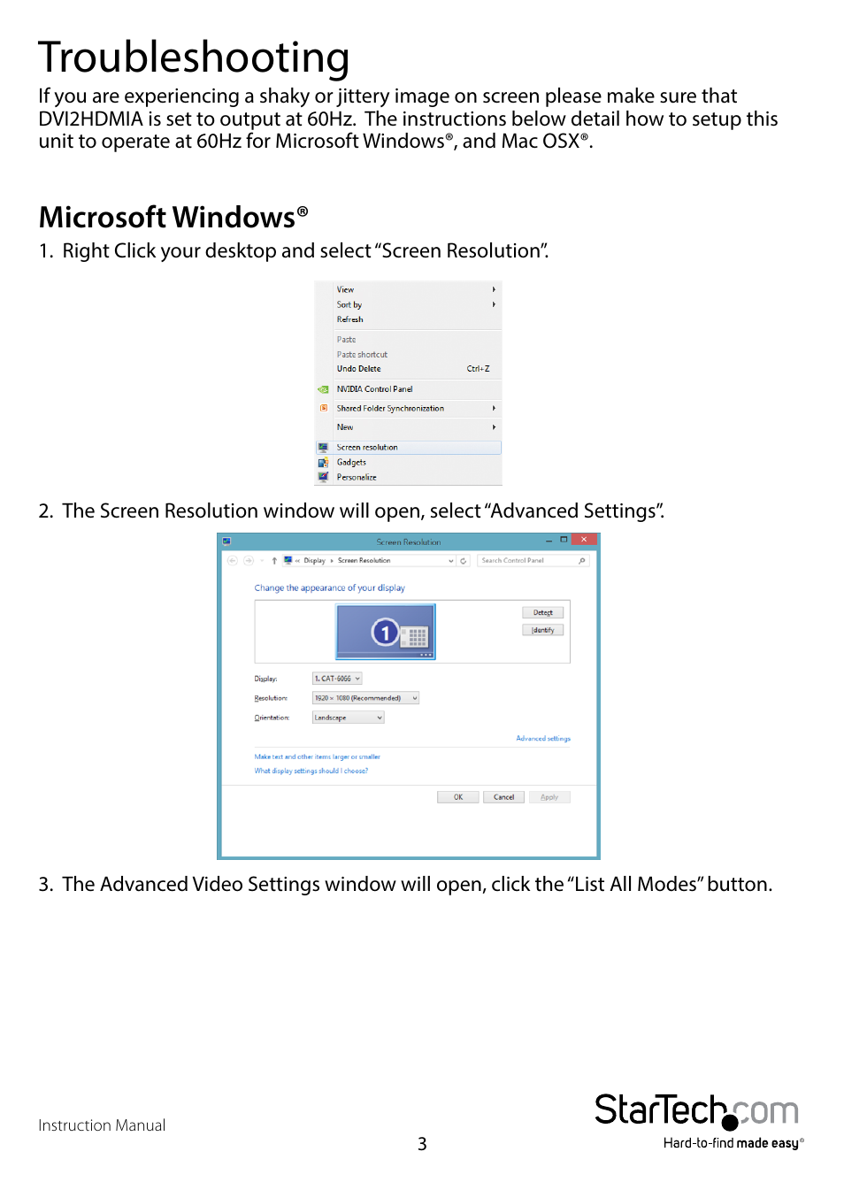 Troubleshooting, Microsoft windows | StarTech.com DVI2HDMIA User Manual | Page 6 / 10