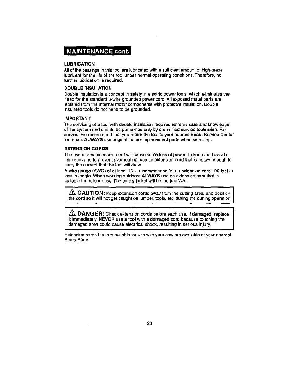 Maintenance coni | Craftsman 286.17589 User Manual | Page 20 / 48