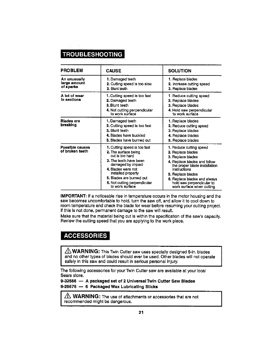 Troubleshooting, Accessories | Craftsman 286.17589 User Manual | Page 21 / 48