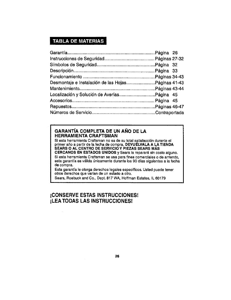 Tabla de materias | Craftsman 286.17589 User Manual | Page 26 / 48