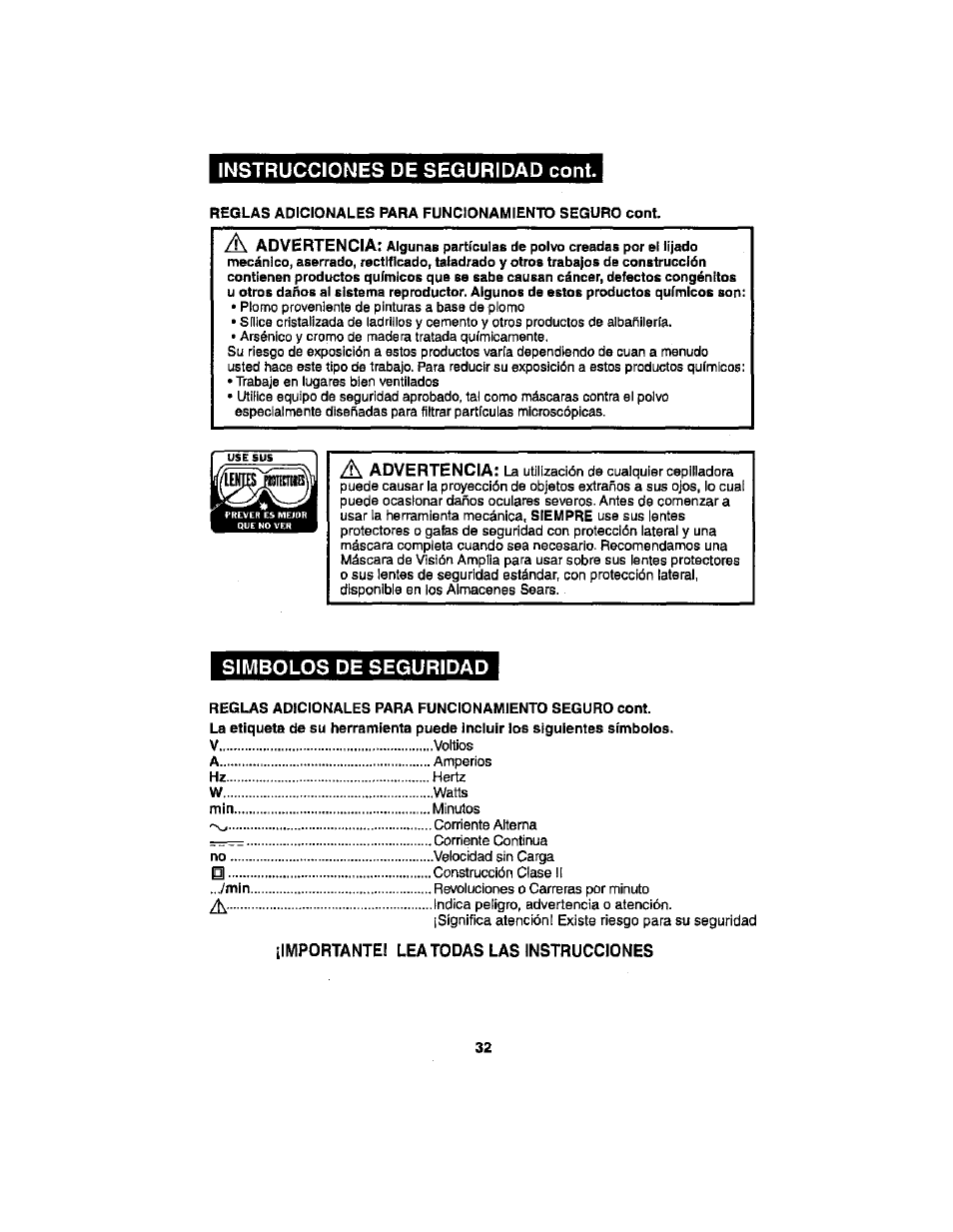 Simbolos de seguridad, Importante! lea todas las instrucciones, Instrucciones de seguridad cont | Craftsman 286.17589 User Manual | Page 32 / 48