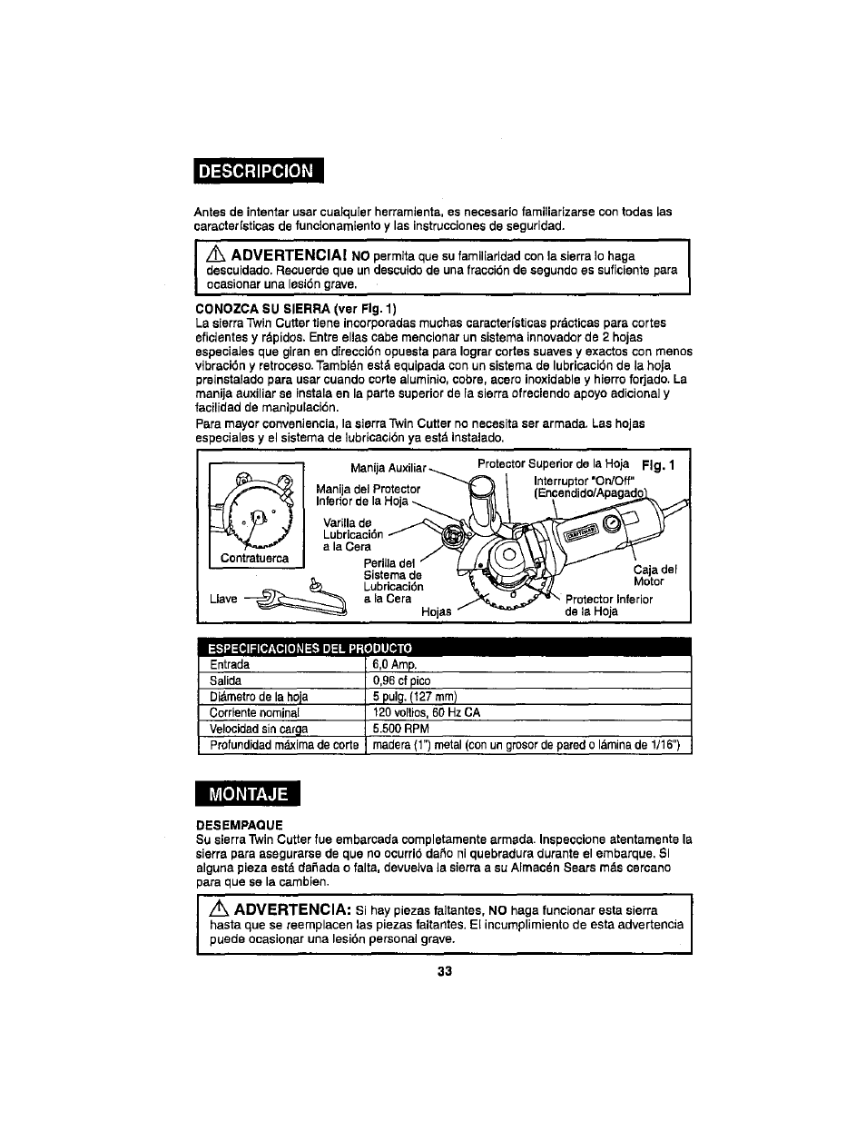 Descripcion, Montaje | Craftsman 286.17589 User Manual | Page 33 / 48