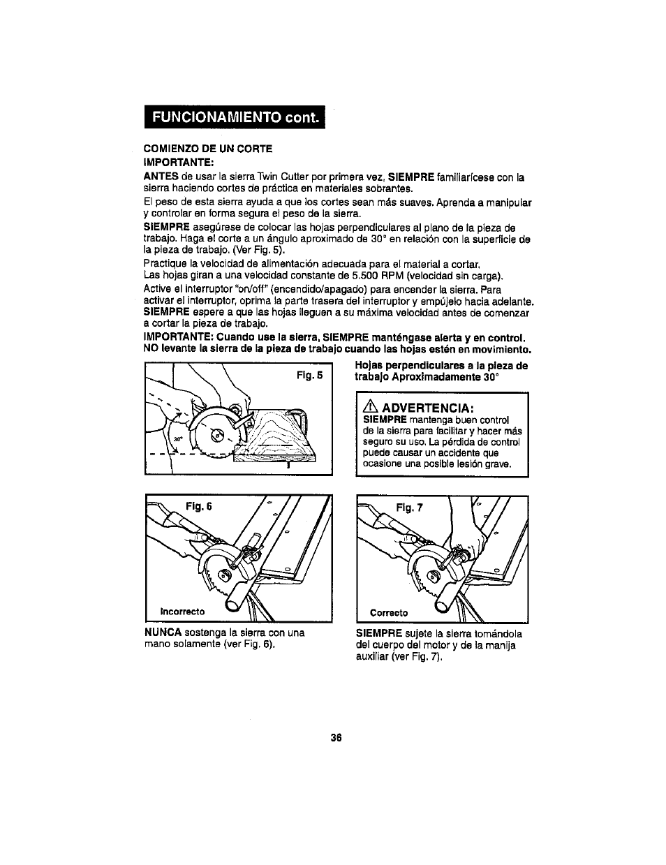 A advertencia, Funcionamiento cont | Craftsman 286.17589 User Manual | Page 36 / 48