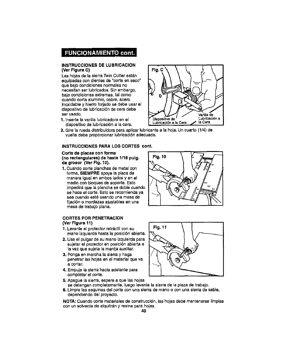 Funcionamiento cont | Craftsman 286.17589 User Manual | Page 40 / 48