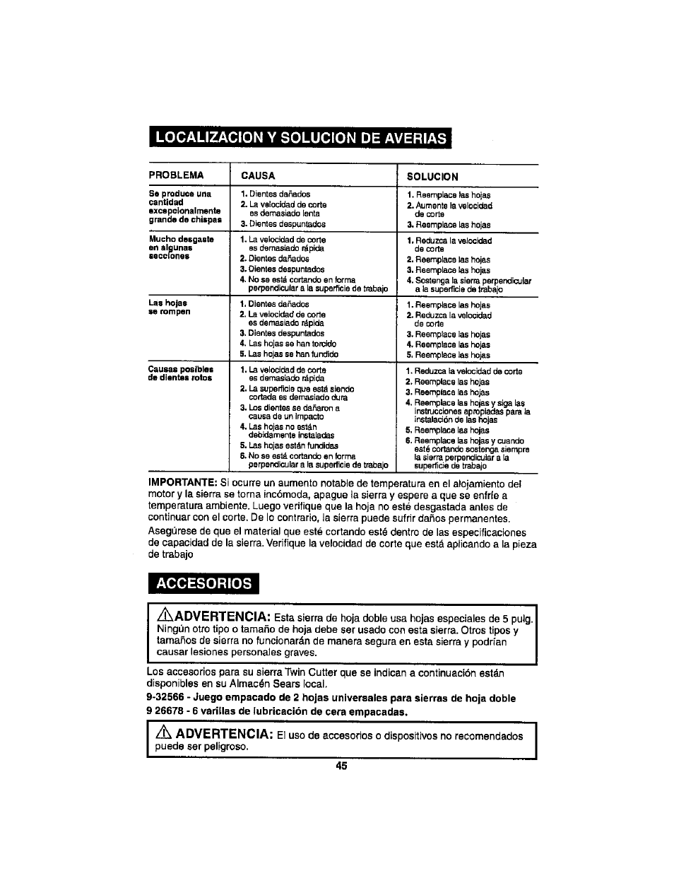 Localizacion y solucion de averias, Accesorios, Dvertencia | A advertencia | Craftsman 286.17589 User Manual | Page 45 / 48