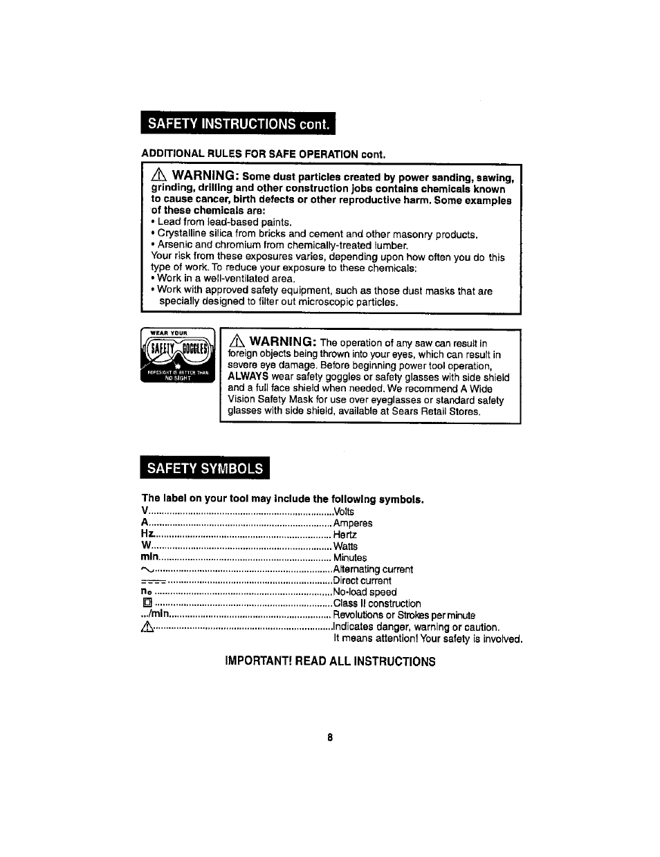 Safety symbols, Important! read all instructions | Craftsman 286.17589 User Manual | Page 8 / 48