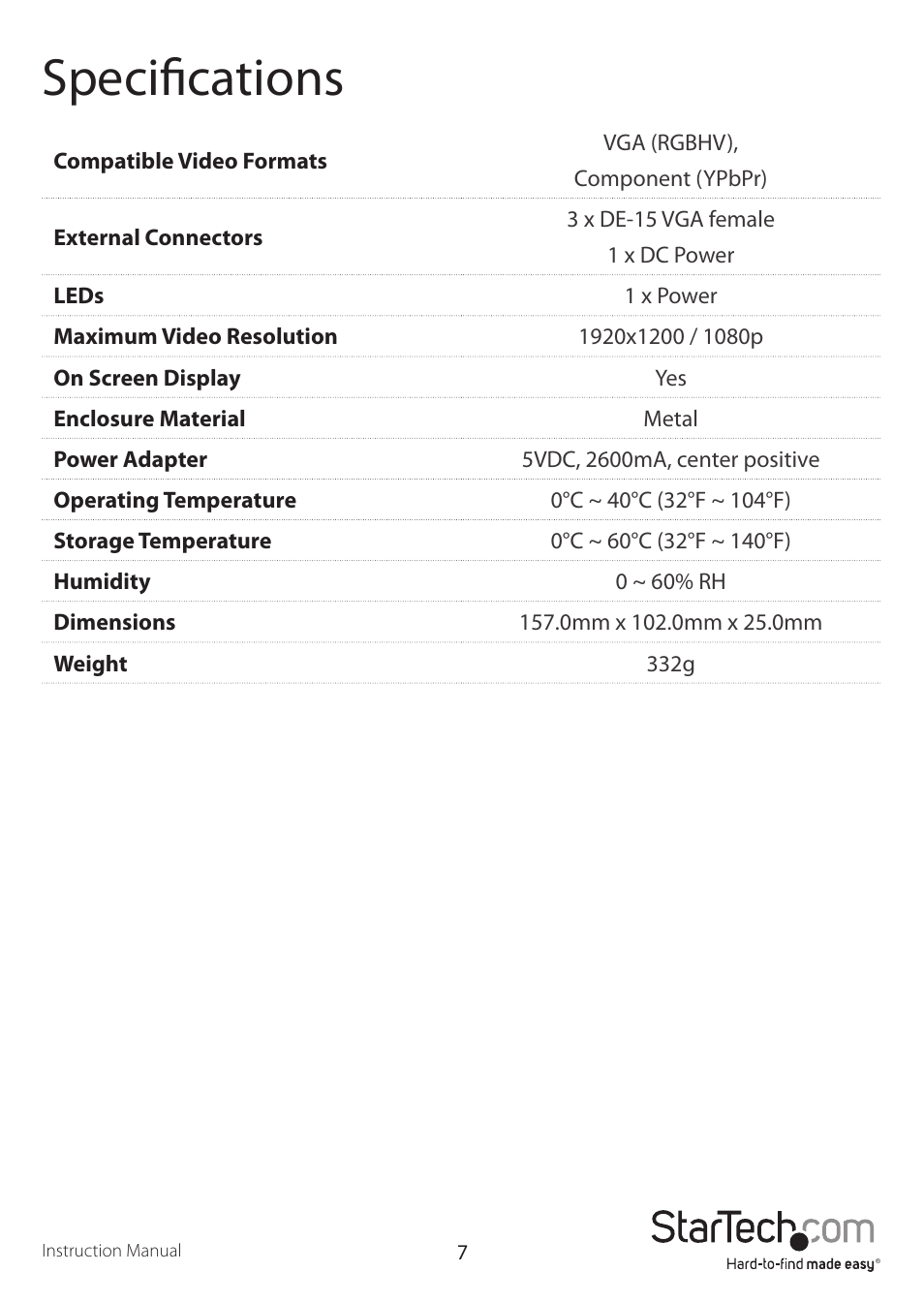 Specifications | StarTech.com VGA2TV2WAY2 User Manual | Page 10 / 12