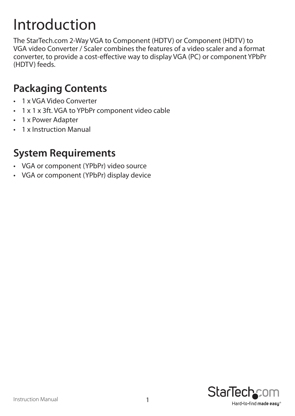 Introduction, Packaging contents, System requirements | StarTech.com VGA2TV2WAY2 User Manual | Page 4 / 12