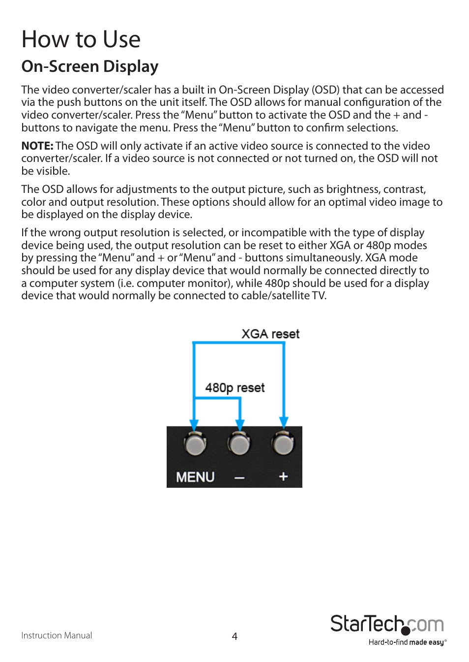 How to use, On-screen display | StarTech.com VGA2TV2WAY2 User Manual | Page 7 / 12