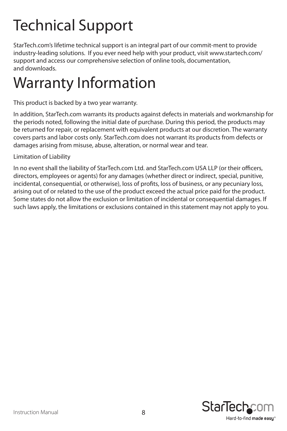 Technical support, Warranty information | StarTech.com VID2DVIDTV User Manual | Page 11 / 12