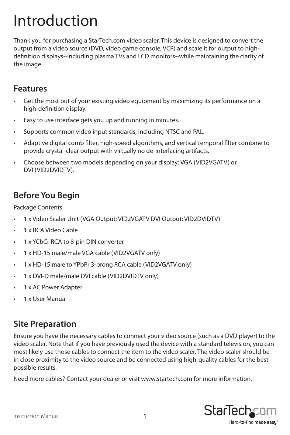 Introduction, Features, Before you begin | Site preparation | StarTech.com VID2DVIDTV User Manual | Page 4 / 12