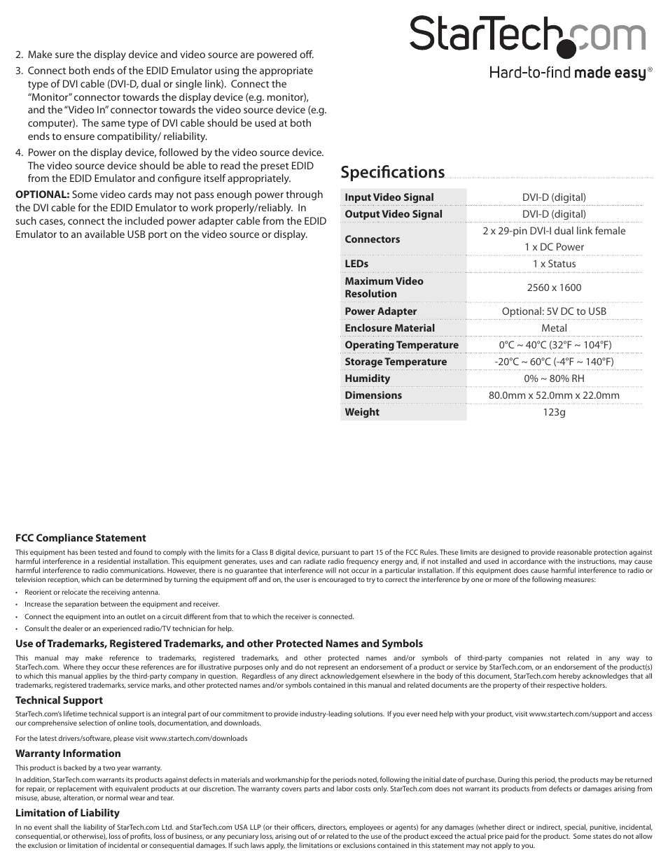 Specifications | StarTech.com VSEDIDDVI User Manual | Page 2 / 2