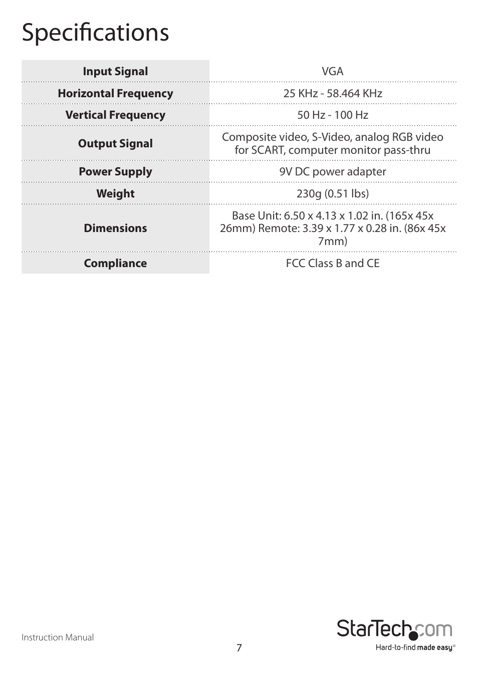 Specifications | StarTech.com VGANTSCPROGB User Manual | Page 10 / 12