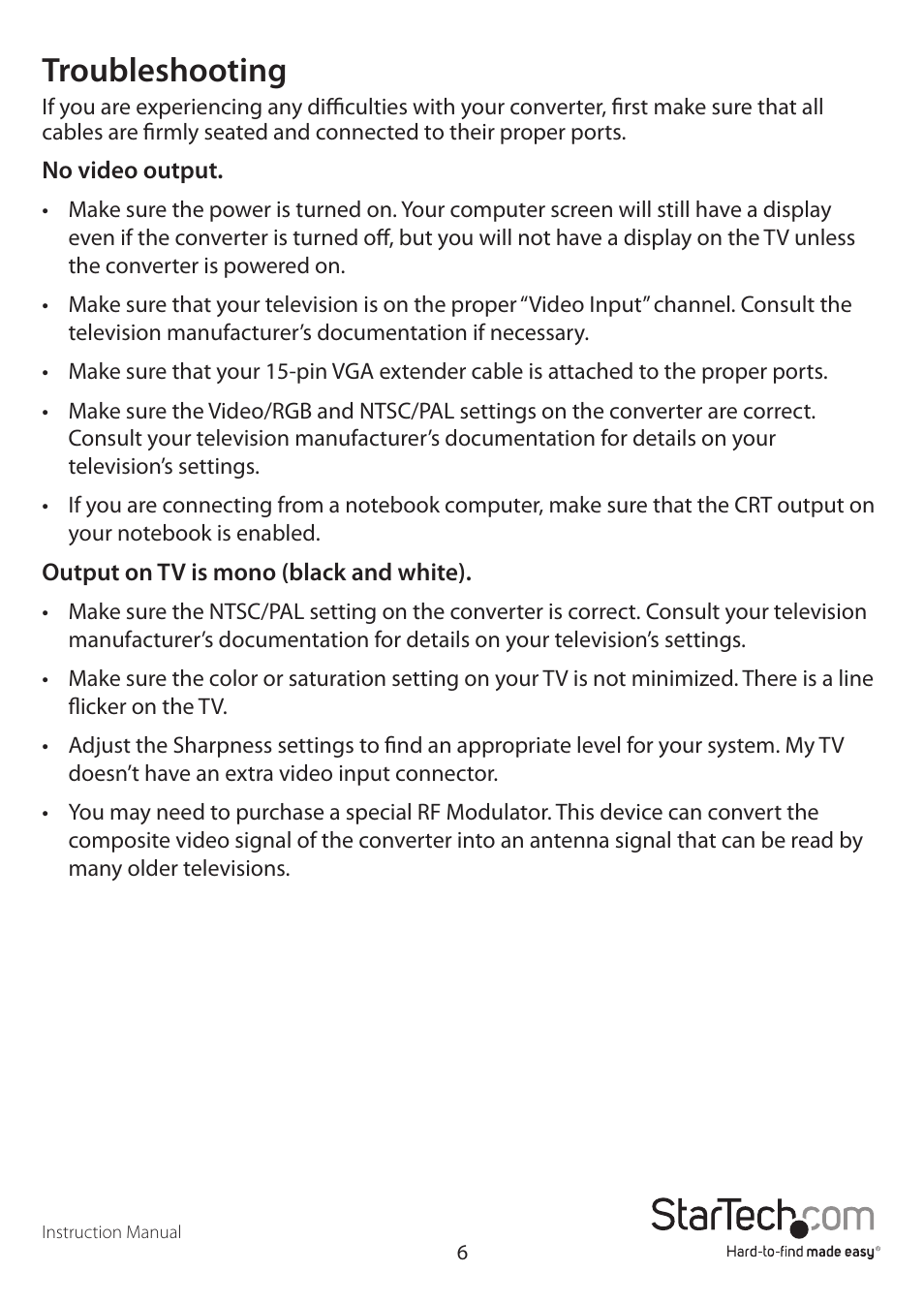 Troubleshooting | StarTech.com VGANTSCPROGB User Manual | Page 9 / 12