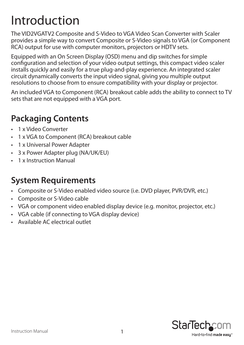 Introduction, Packaging contents, System requirements | StarTech.com VID2VGATV2 User Manual | Page 4 / 11