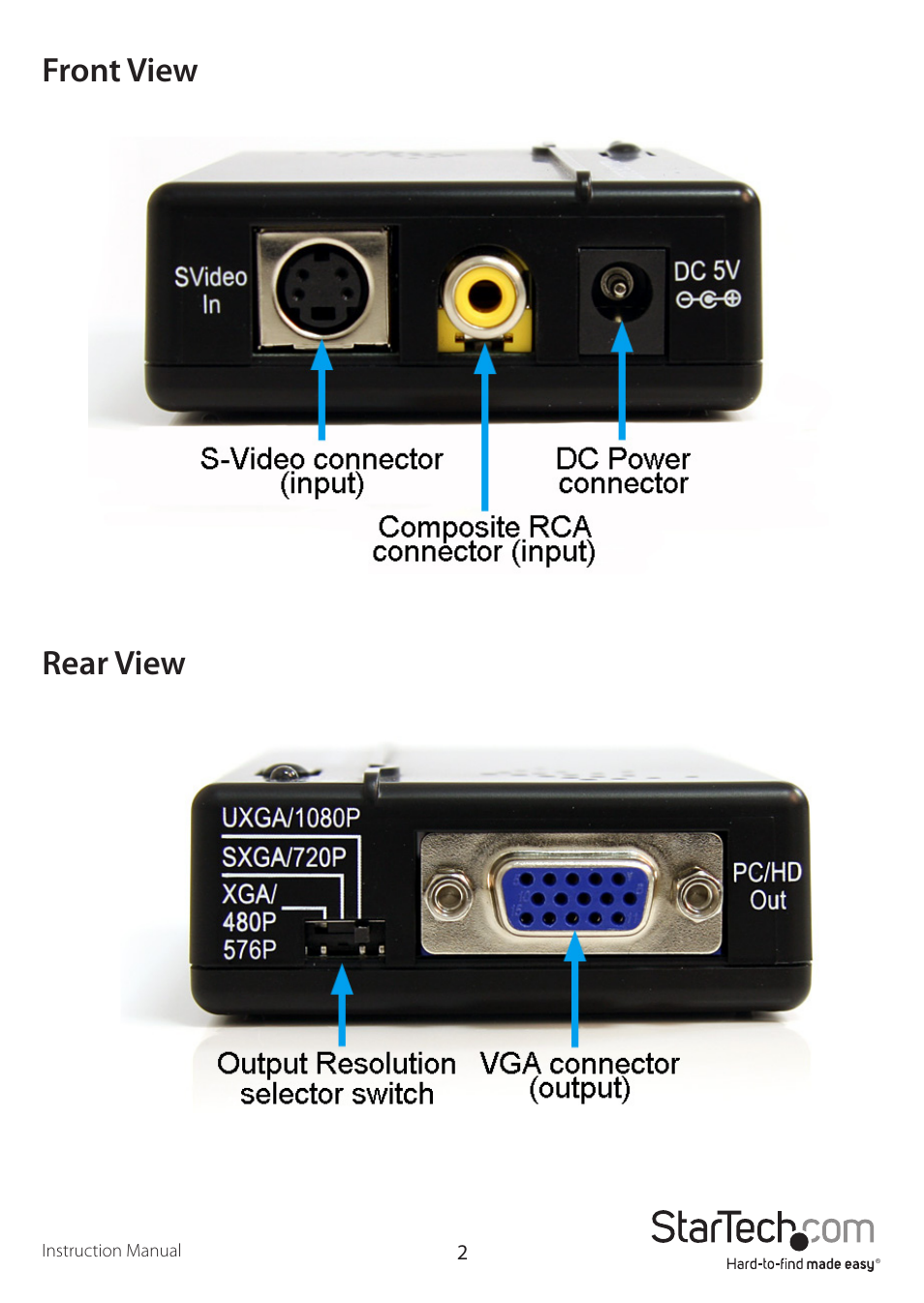 Front view rear view | StarTech.com VID2VGATV2 User Manual | Page 5 / 11